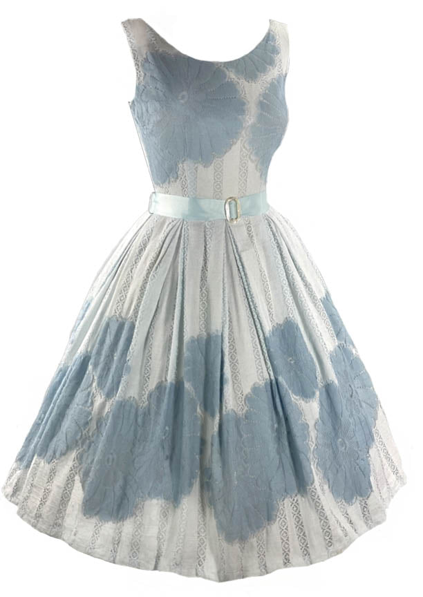 Vintage 1950s Muted Blue and White Cotton Dress- New!