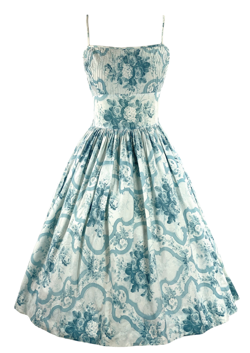 Vintage 1950s Blue Roses Scroll Cotton Sundress- New!