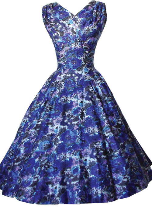 Vintage 1950s Cobalt Blue Floral Cotton Dress  - New! (on Hold)