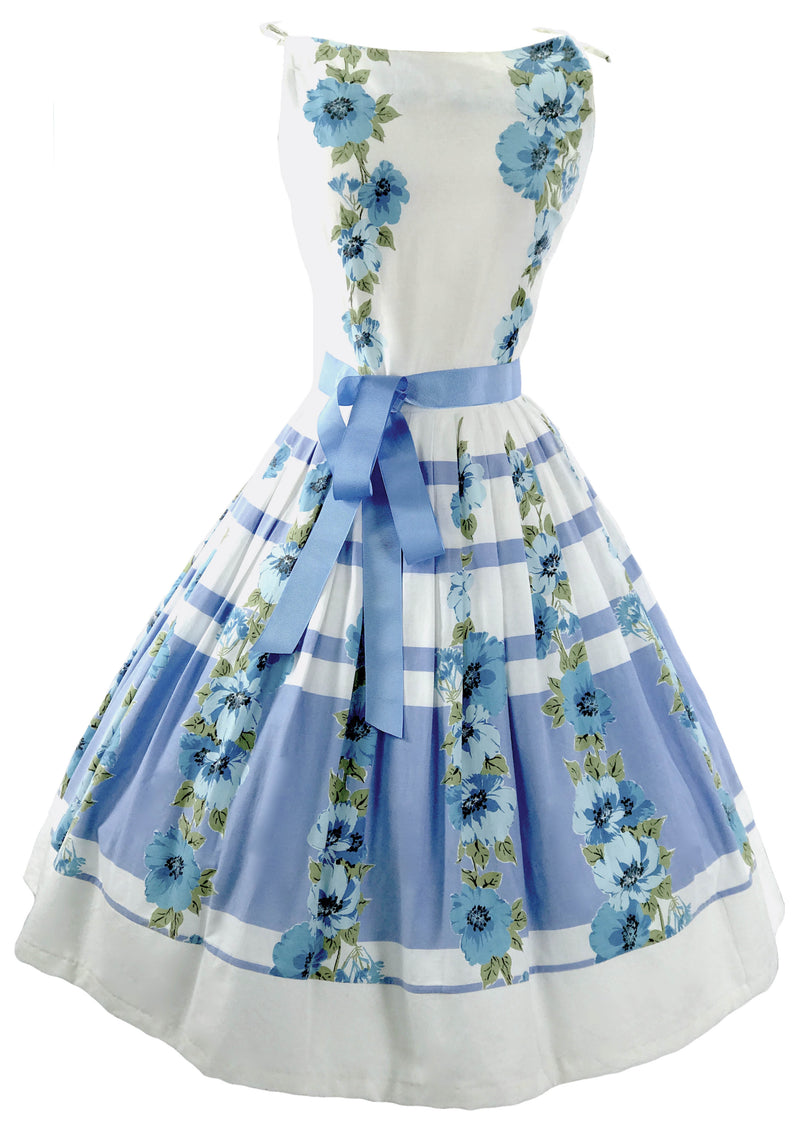 1950's Blue & White Floral Border Print Cotton Dress - New!