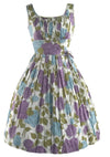 Late 1950s Early 1960s Lilac & Blue Rose Cotton Dress - New!