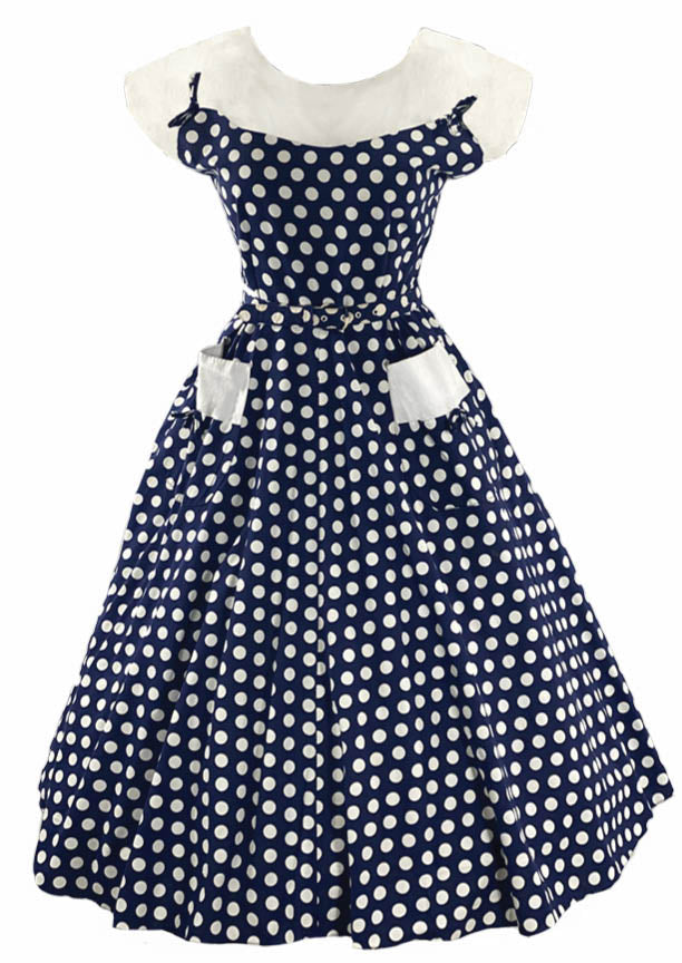 Striking 1950s Blue and White Polka Dot Cotton Dress- New!
