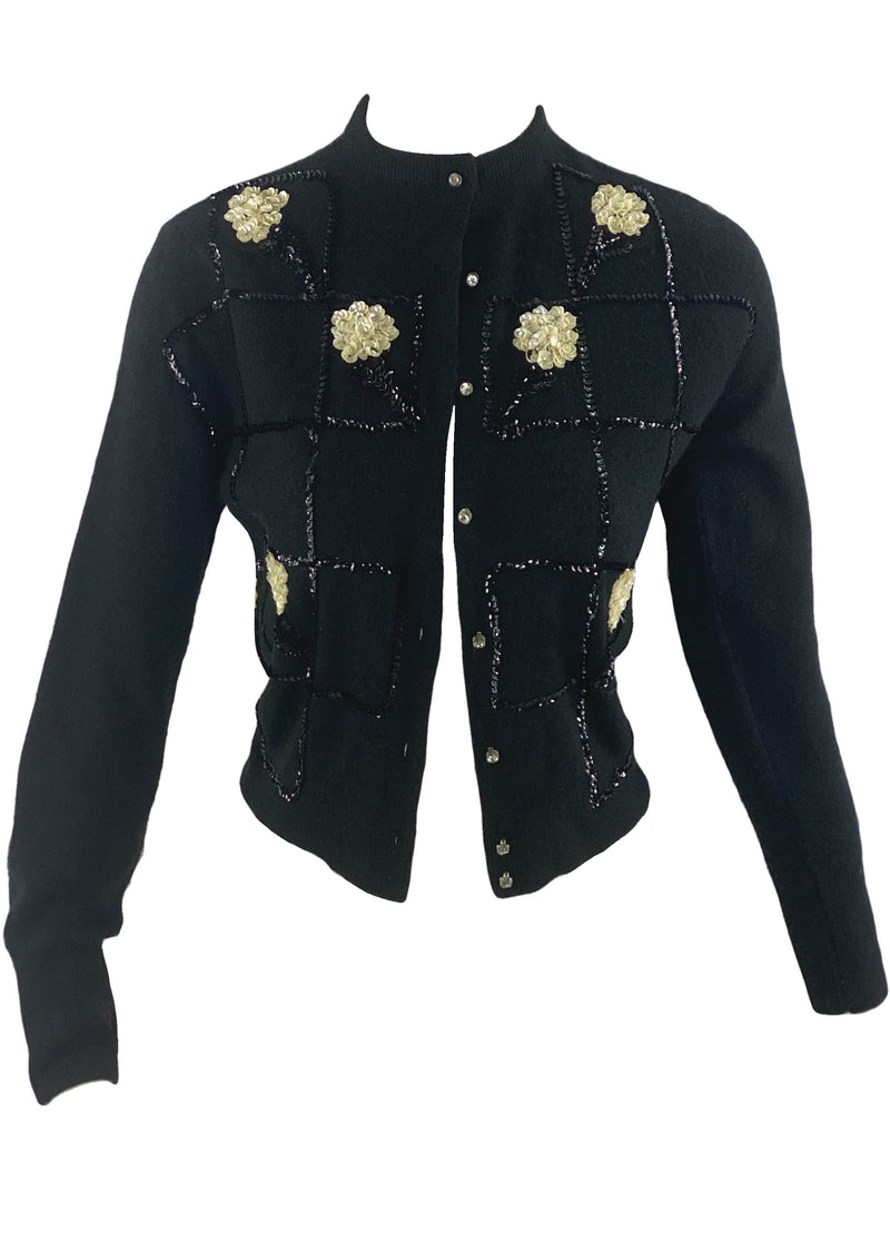 Vintage 1950s Black Cardigan with Cream Sequins- New! ON HOLD