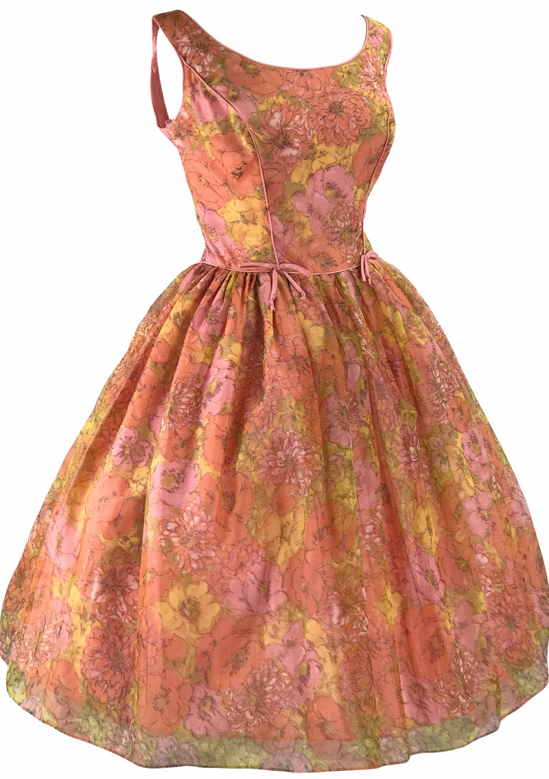 Original 1950s Peach Pink Floral Chiffon Party Dress - New!