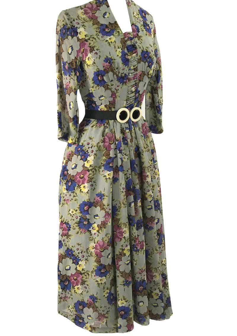 Vintage 1940s Floral Bouquet Crepe Draped Dress - New!