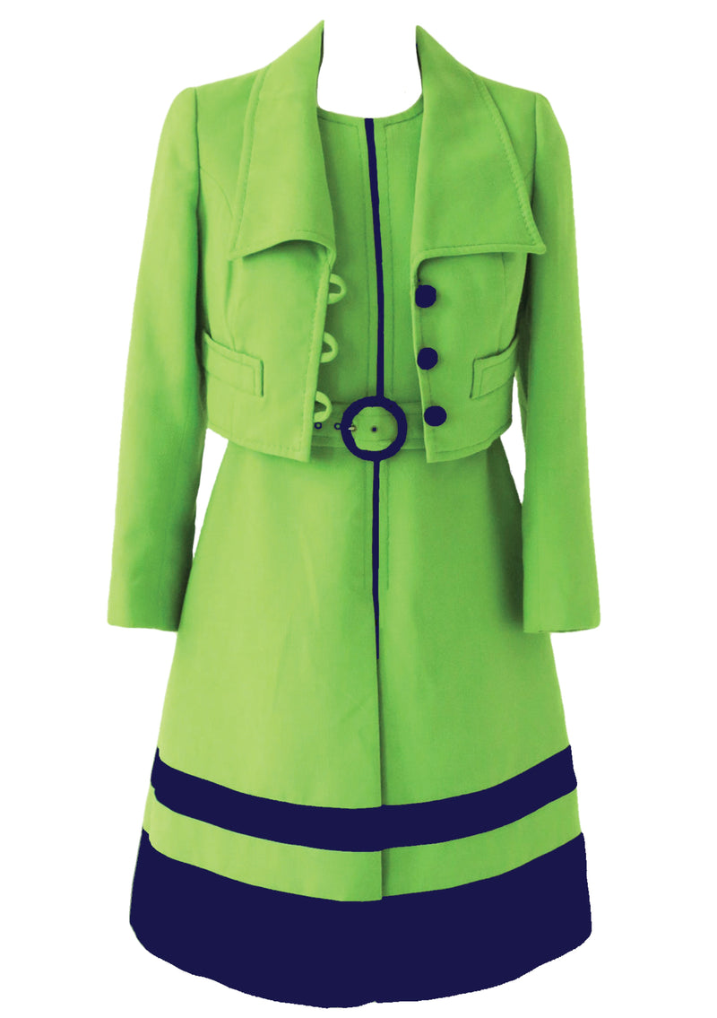 Vintage 1960s Lime Green & Navy Designer Ensemble - New!