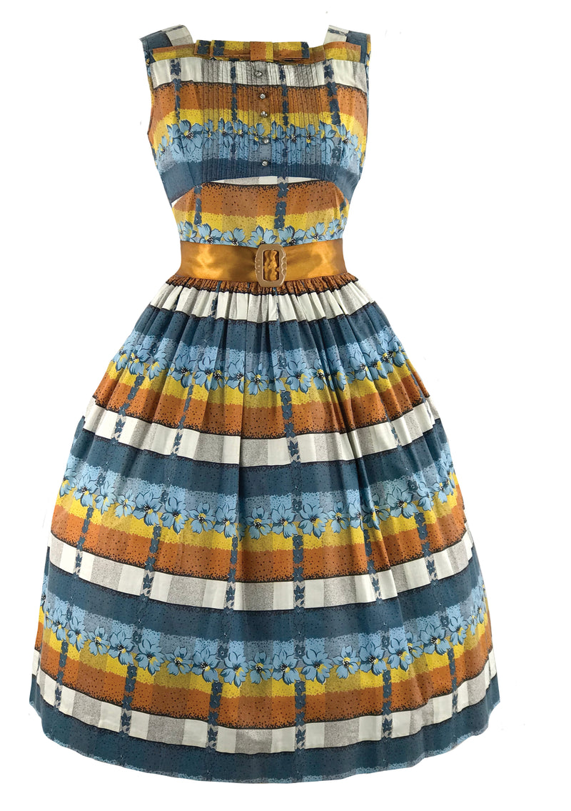 Vintage 1950s Striped Floral Cotton Dress- New!