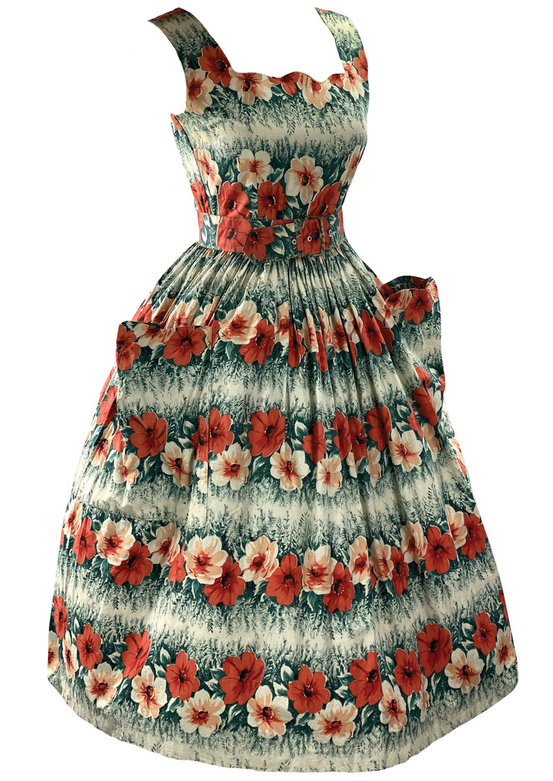 Vintage 1950s Hibiscus Floral Print Cotton Dress - New!