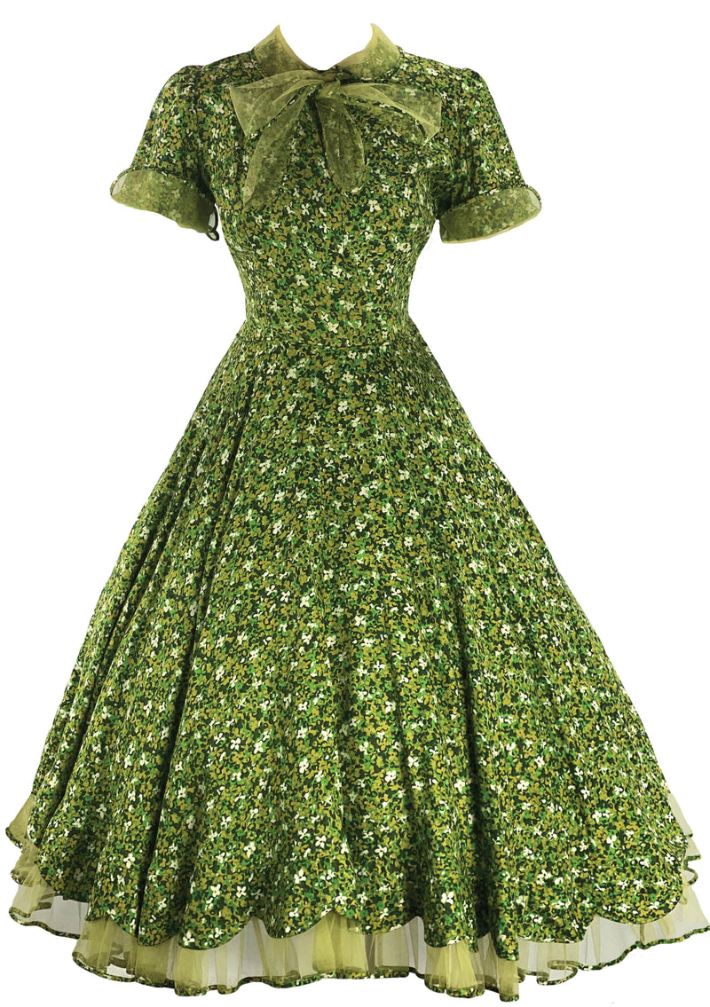 Spectacular Early 1950s Green Daisy Print Dress- New!