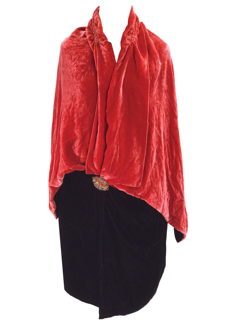 Original 1920s Watermelon & Black Velvet Cape Coat - New!