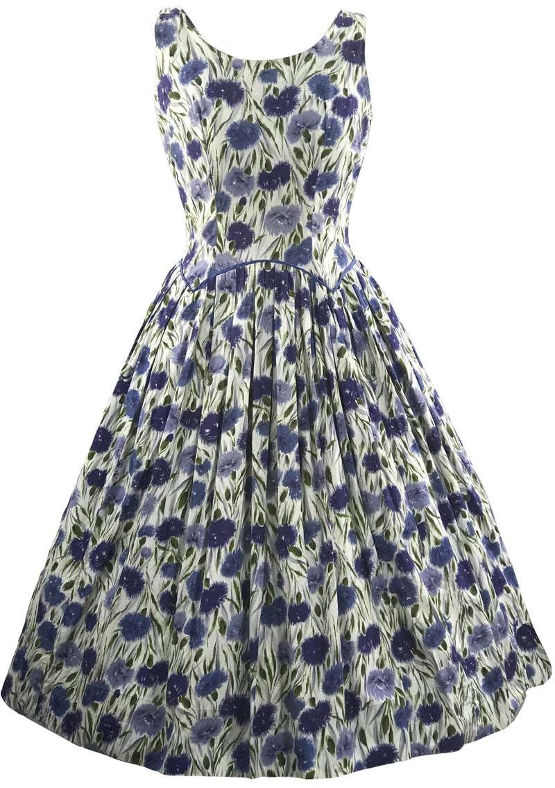Vintage 1950s Blue Carnations Cotton Dress- New!