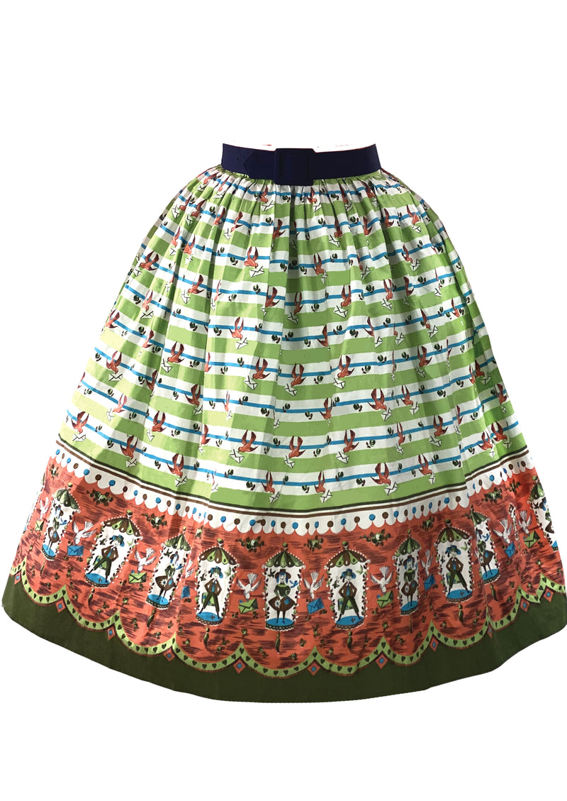 Vintage 1950s Green Novelty Cotton Border Print Skirt - New!