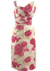 Vintage 1950s Vibrant Pink Roses Silk Asymmetrical Dress- New!