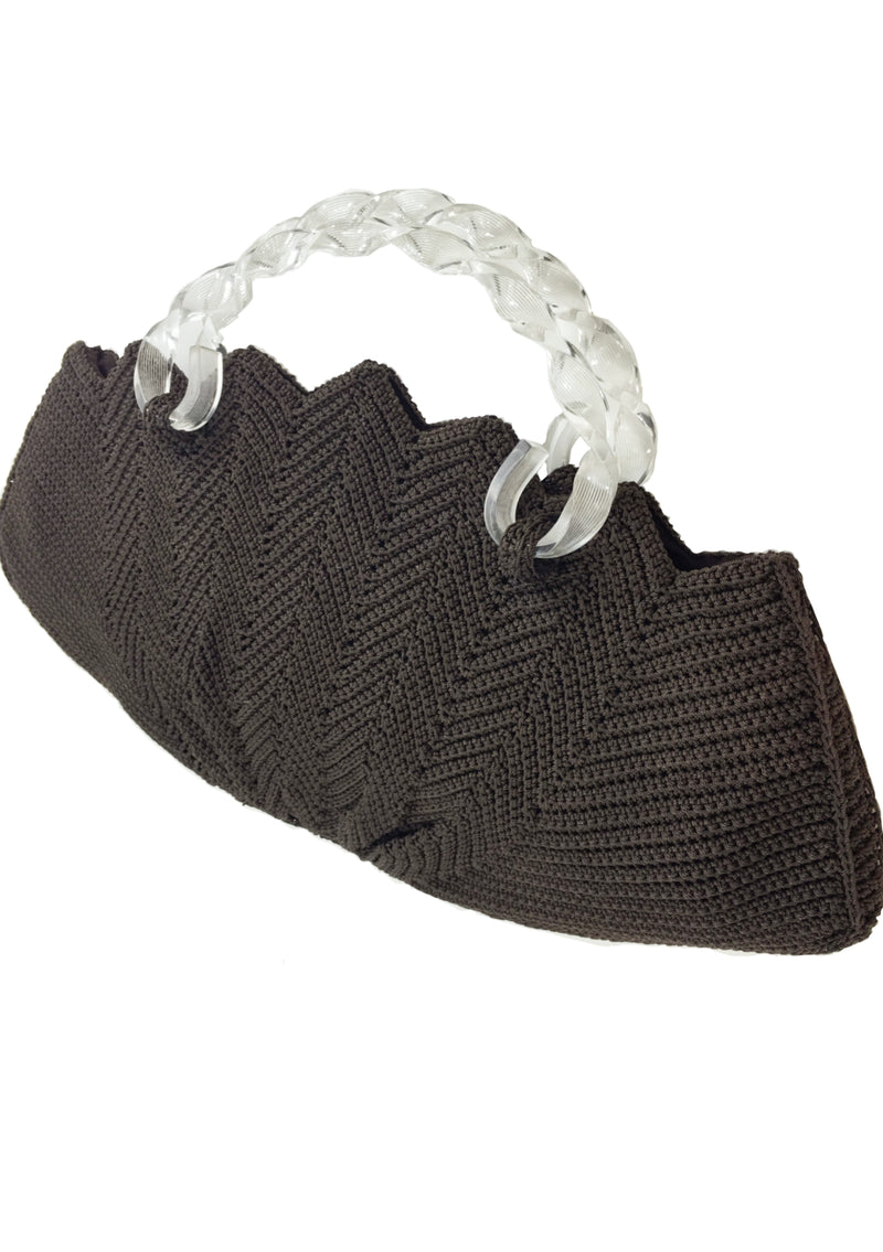 1940s Chocolate Crochet Handbag with Lucite Handles - New!