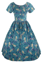 1950s Novelty Print Teal Blue Cotton Dress- New!