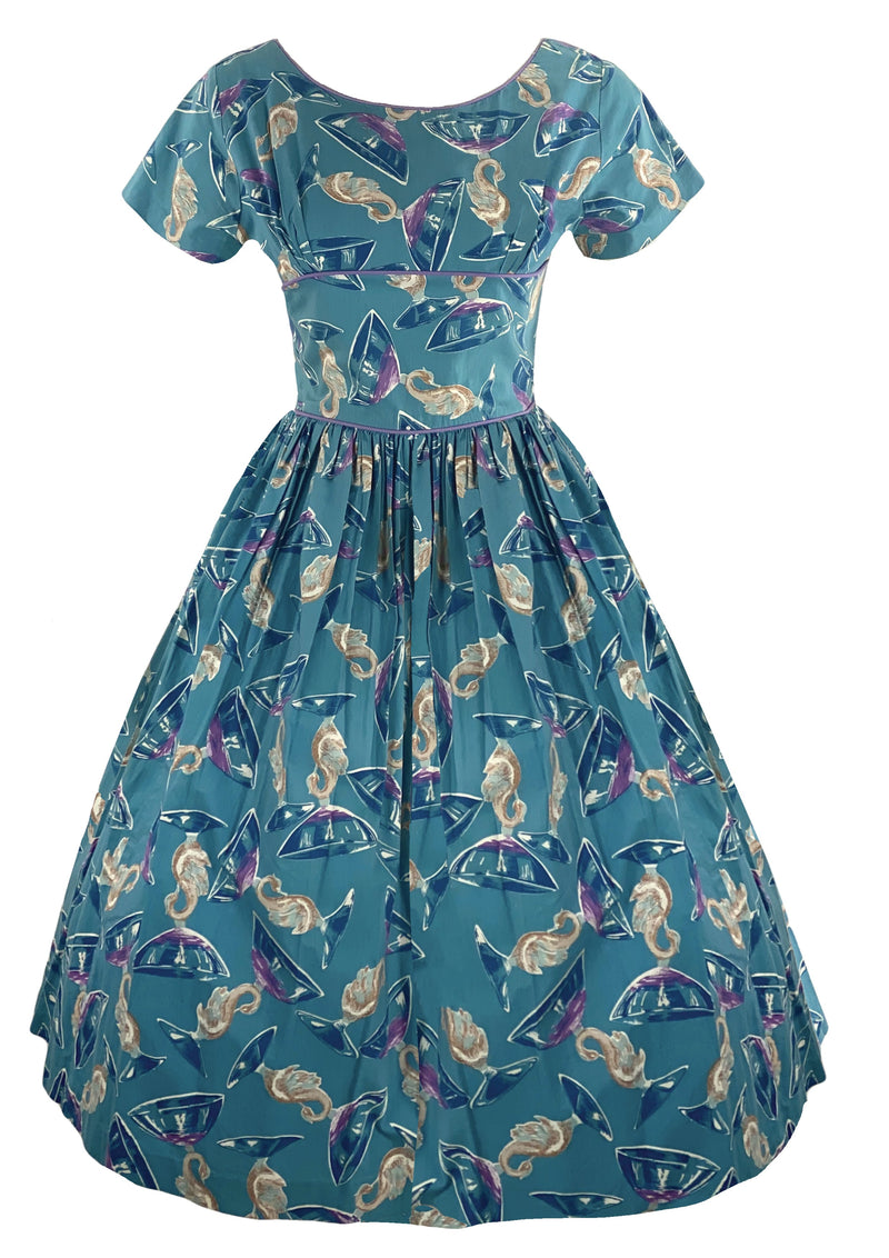 1950s Novelty Print Teal Blue Cotton Dress- New!