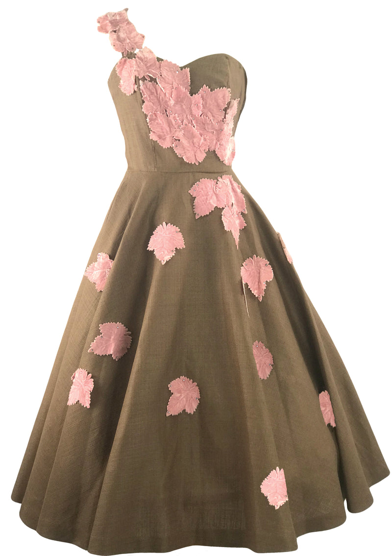 1950s Chocolate Linen and Pink Velvet Applique Dress- New!