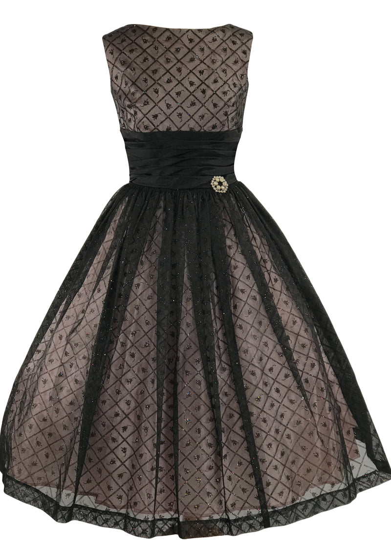 Vintage 1950s Black Flocked Chiffon Glitter Party Dress - New!