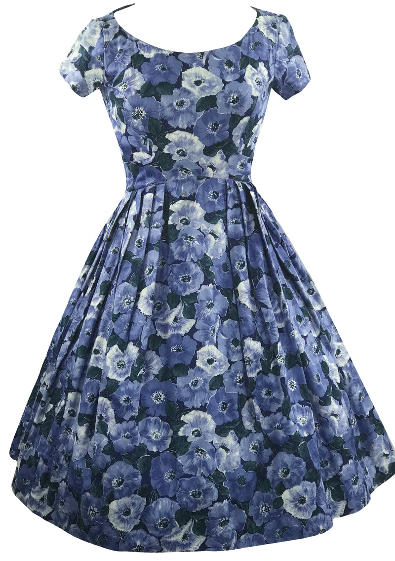 Late 1950s Early 1960s Blue Anemone Print Cotton Dress - New!