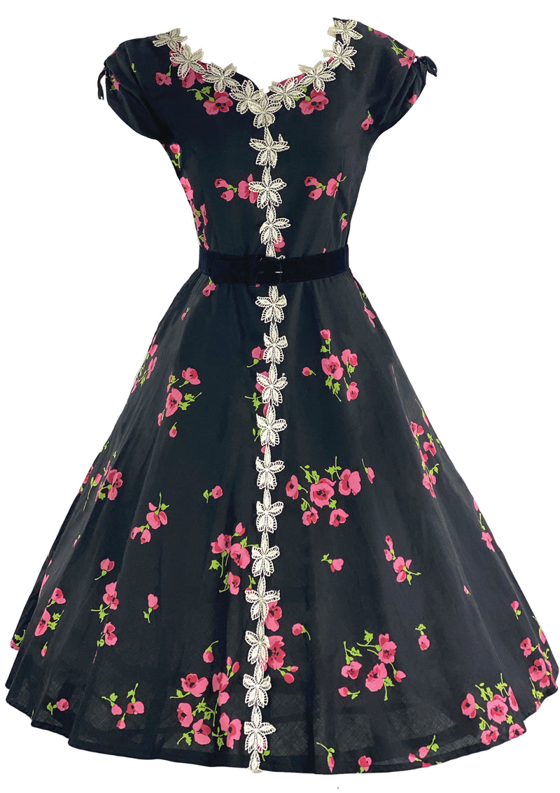 Vibrant 1950s Pink Oriental Poppies Cotton Dress- New!