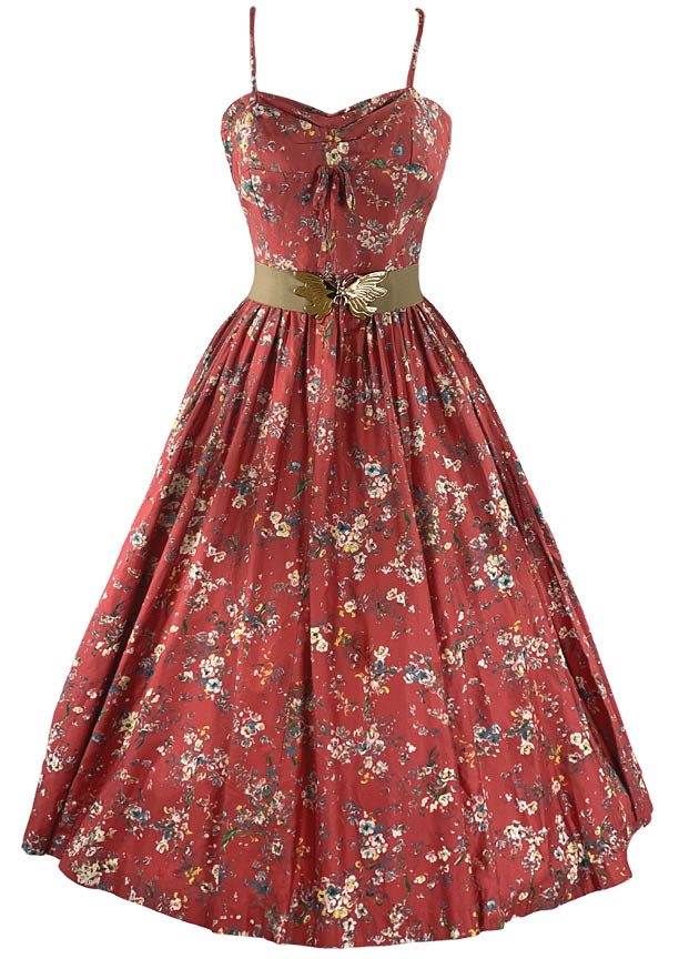 Vintage 1950s Watermelon Pink Floral Cotton Dress- New!