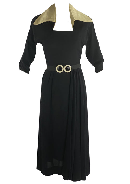 Dramatic 1940s Deadstock Black Rayon Dress with Swag- New!