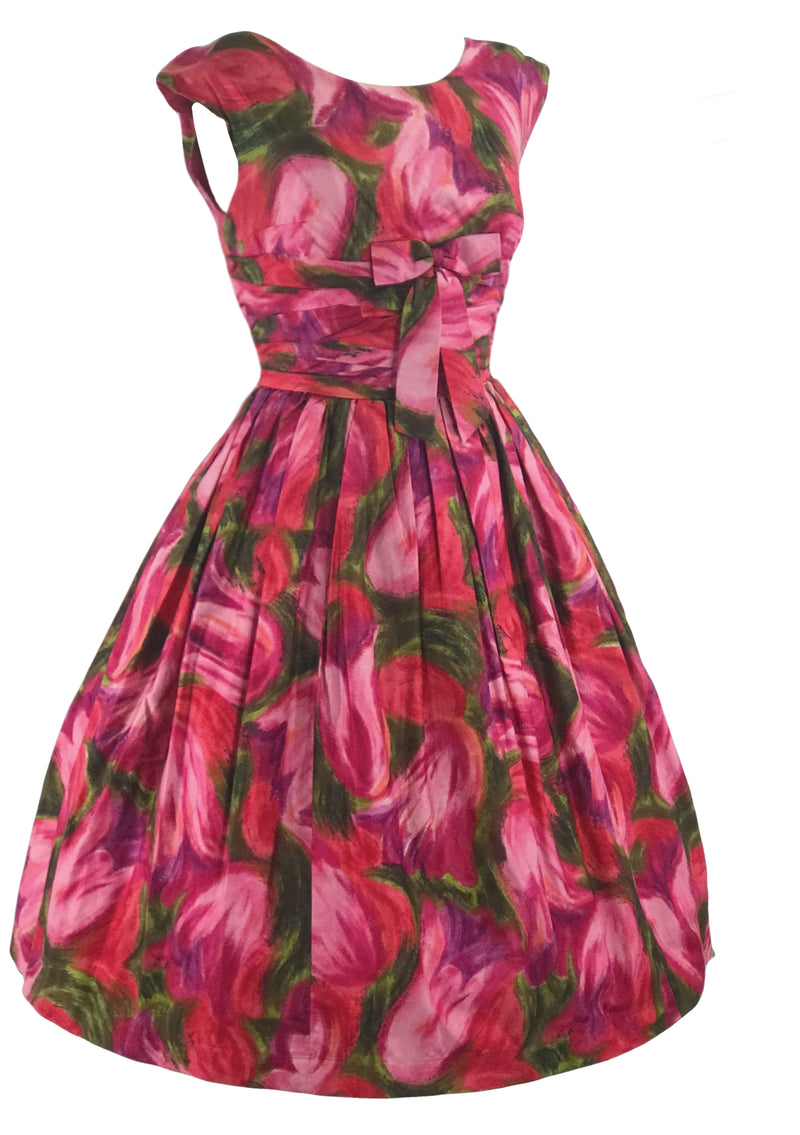 Vibrant 1950s Abstract Pink Tulips Cotton Dress - New!