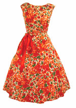 Vintage 1950s Vivid Orange & Red Cotton Floral Dress - New!