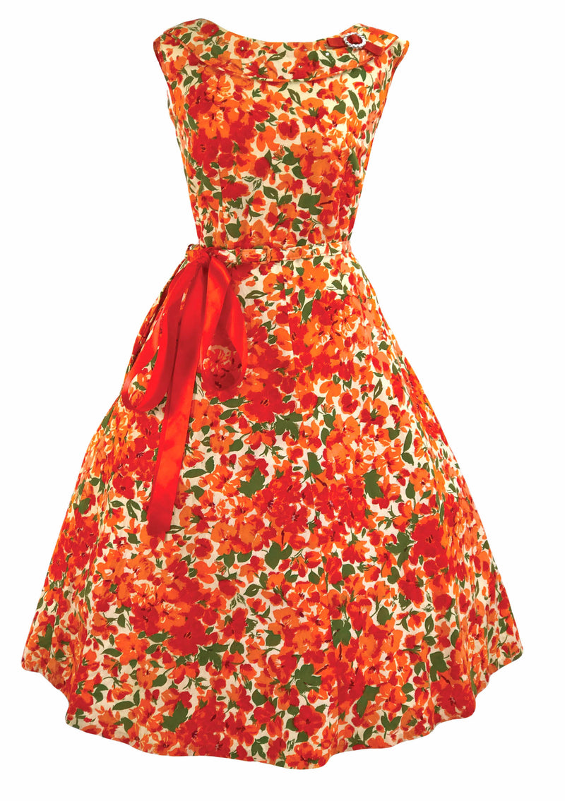 Vintage 1950s Vivid Orange & Red Cotton Floral Dress - New!