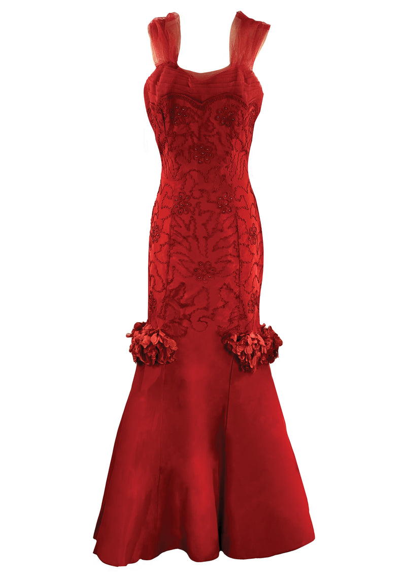 1950s Red Taffeta 3D Appliqué Gown- New!