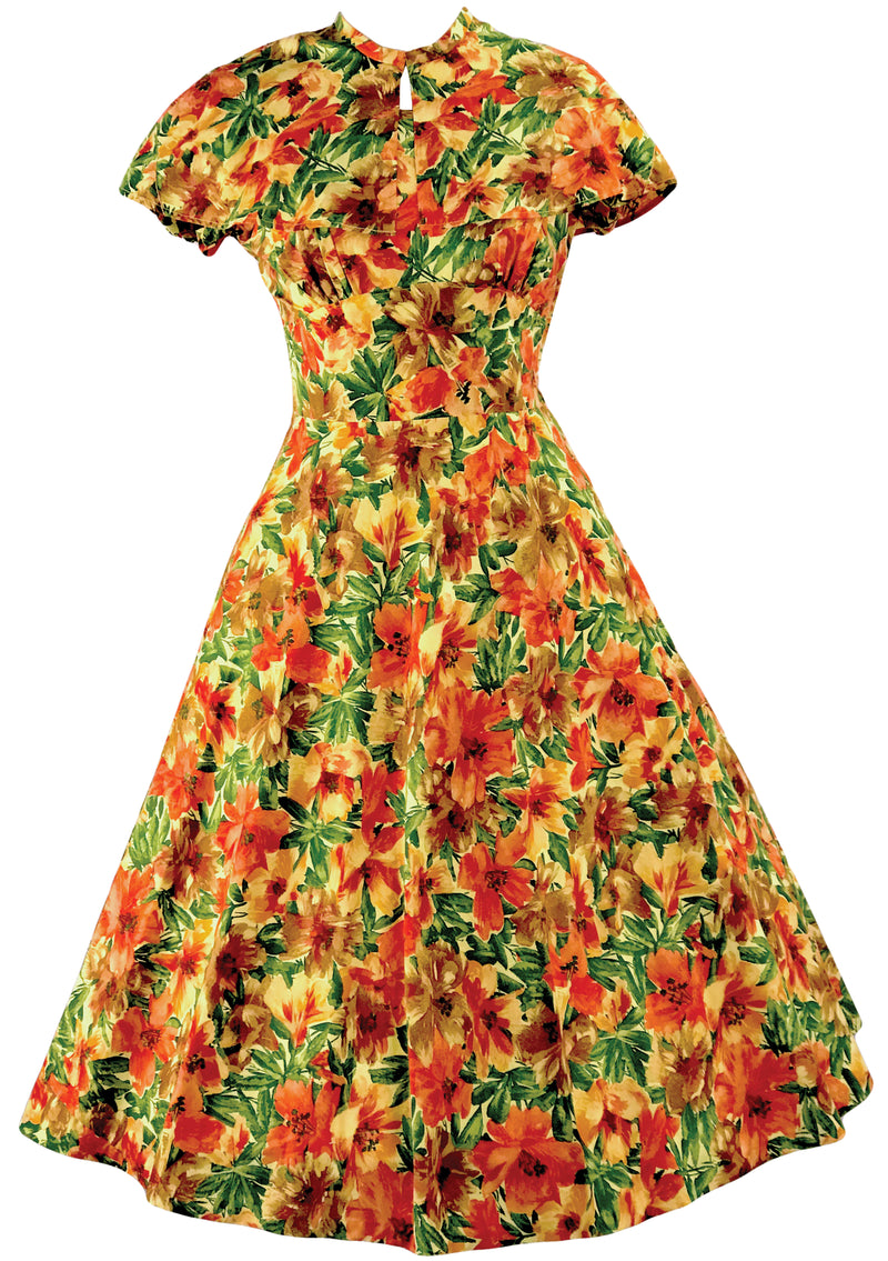 Pretty 1950s Orange Hibiscus Floral Cotton Dress - New!