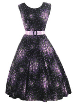 1950s Purple Floral Sprays on Black Cotton Dress- New!