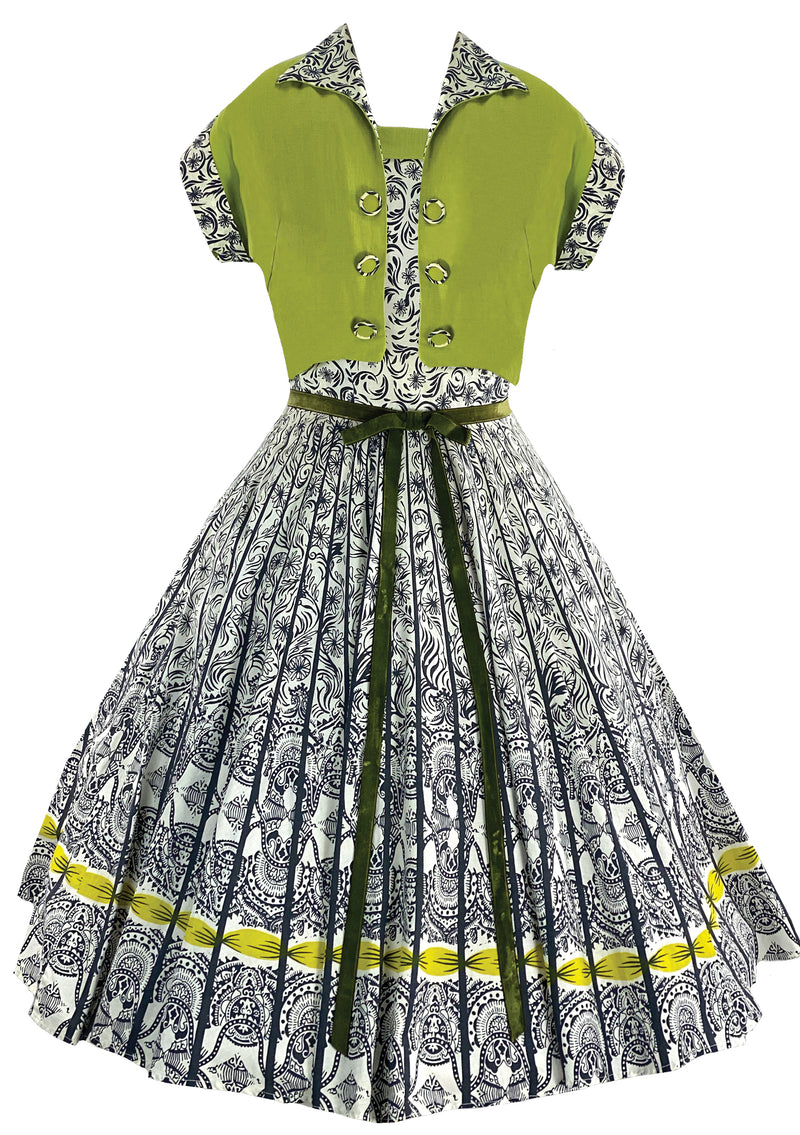 Vintage 1950s B&W Cotton Sundress Ensemble with Chartreuse- New!