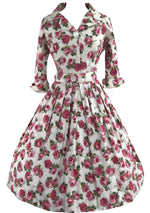 Vintage 1950s Deep Prink Rose Print Cotton Dress- New!
