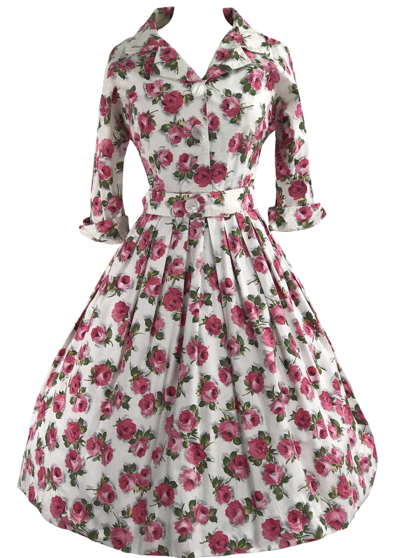 Vintage 1950s Deep Prink Rose Print Cotton Dress- New!