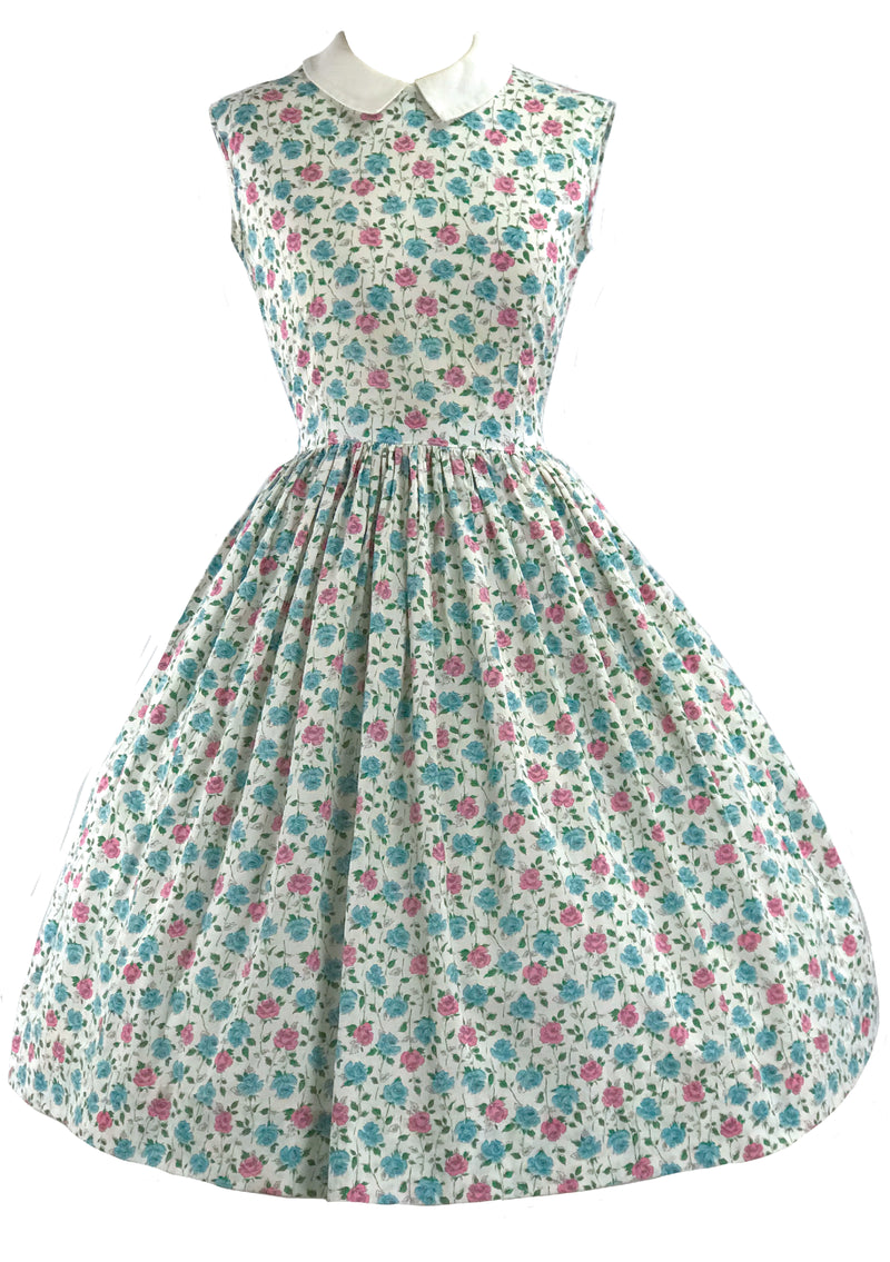 Vintage 1950s Pink and Blue Roses Floral Cotton Dress - New! (ON HOLD)