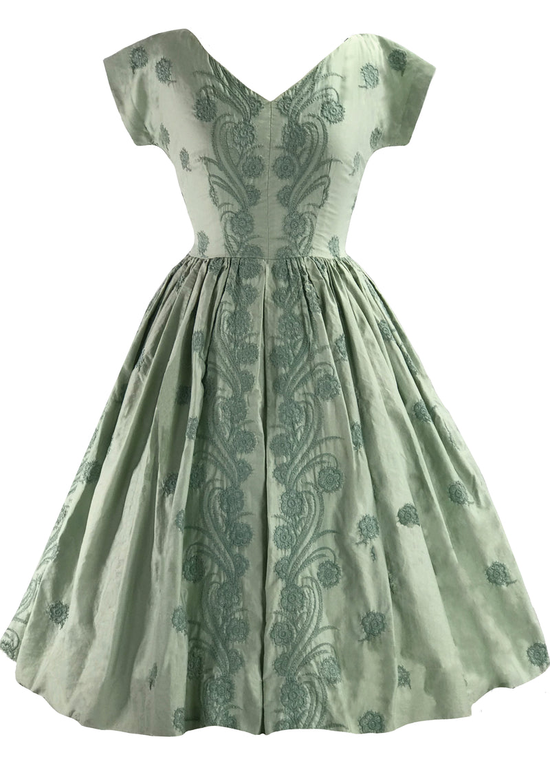 Lovely 1950s Mint Green Cotton Embroidered Dress- New!