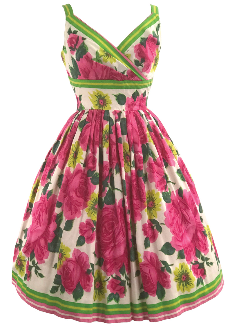 Vintage 1950s Large Pink Rose Print Cotton Dress- New!