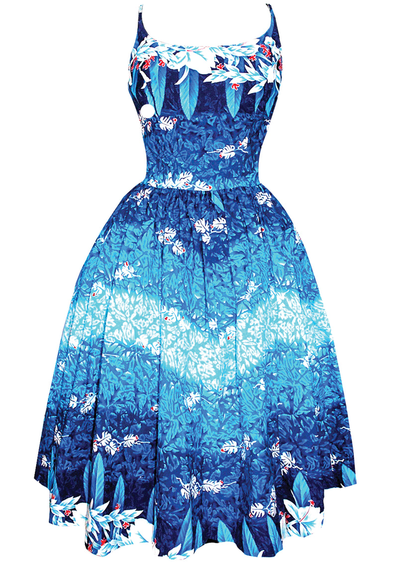Late 1950s Blue Hawaiian Print Dress- New! Coutura Vintage Late 1950s Blue Hawaiian Print Dress- New! Coutura Vintage
