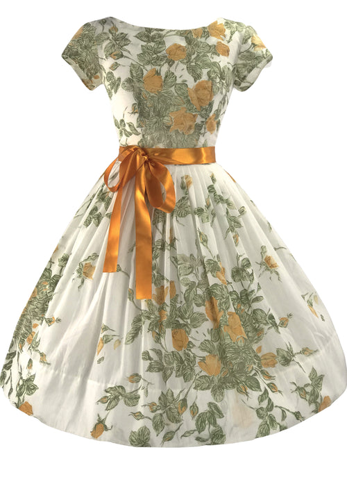 Glorious 1950s Golden Rose Spray Cotton Dress - New!