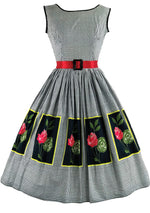 Vintage 1950s Gingham and Roses Panel Cotton Dress- New!
