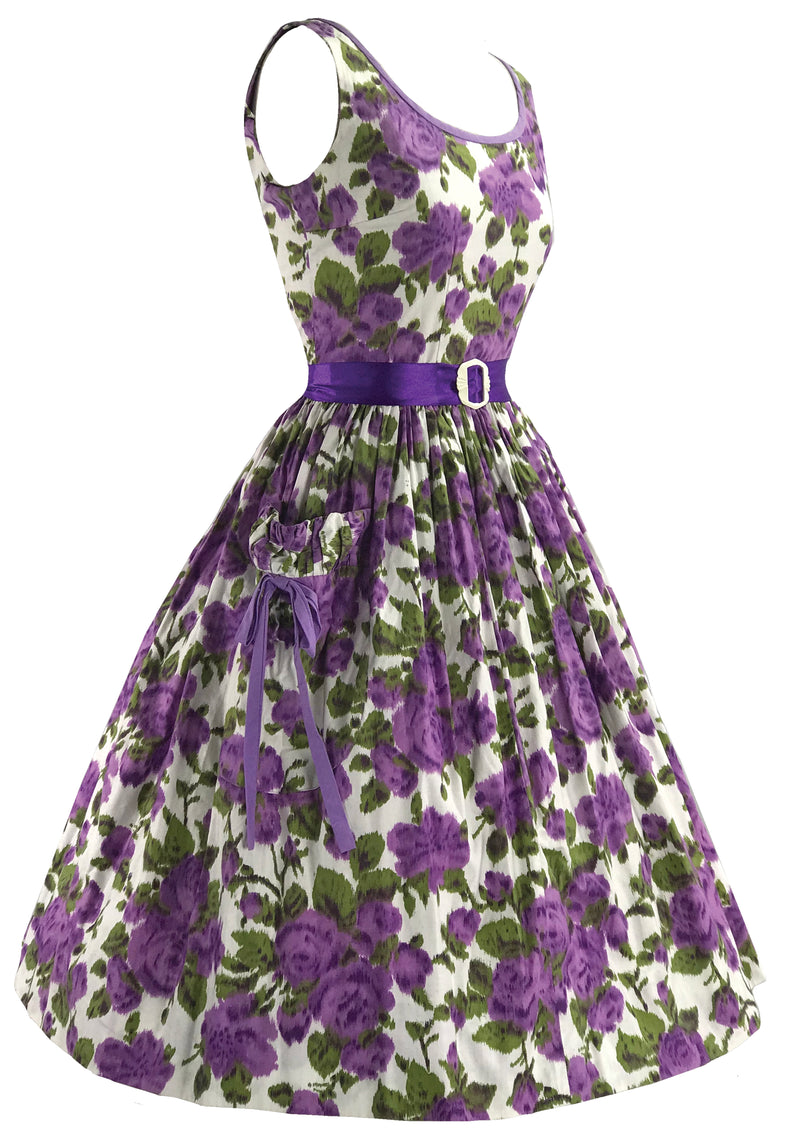 Striking 1950s Purple Roses Cotton Dress- New!