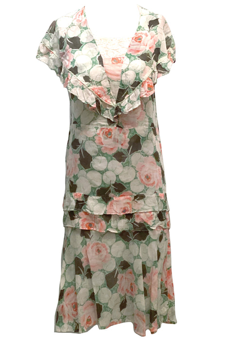 Early 1930s Pink Rose Print Voile Day Dress - New!