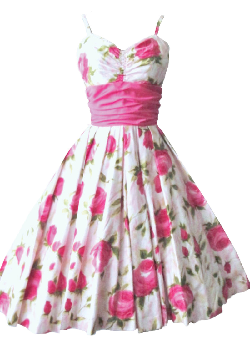 Vintage 1950s Pink Roses Crisp Cotton Dress - New