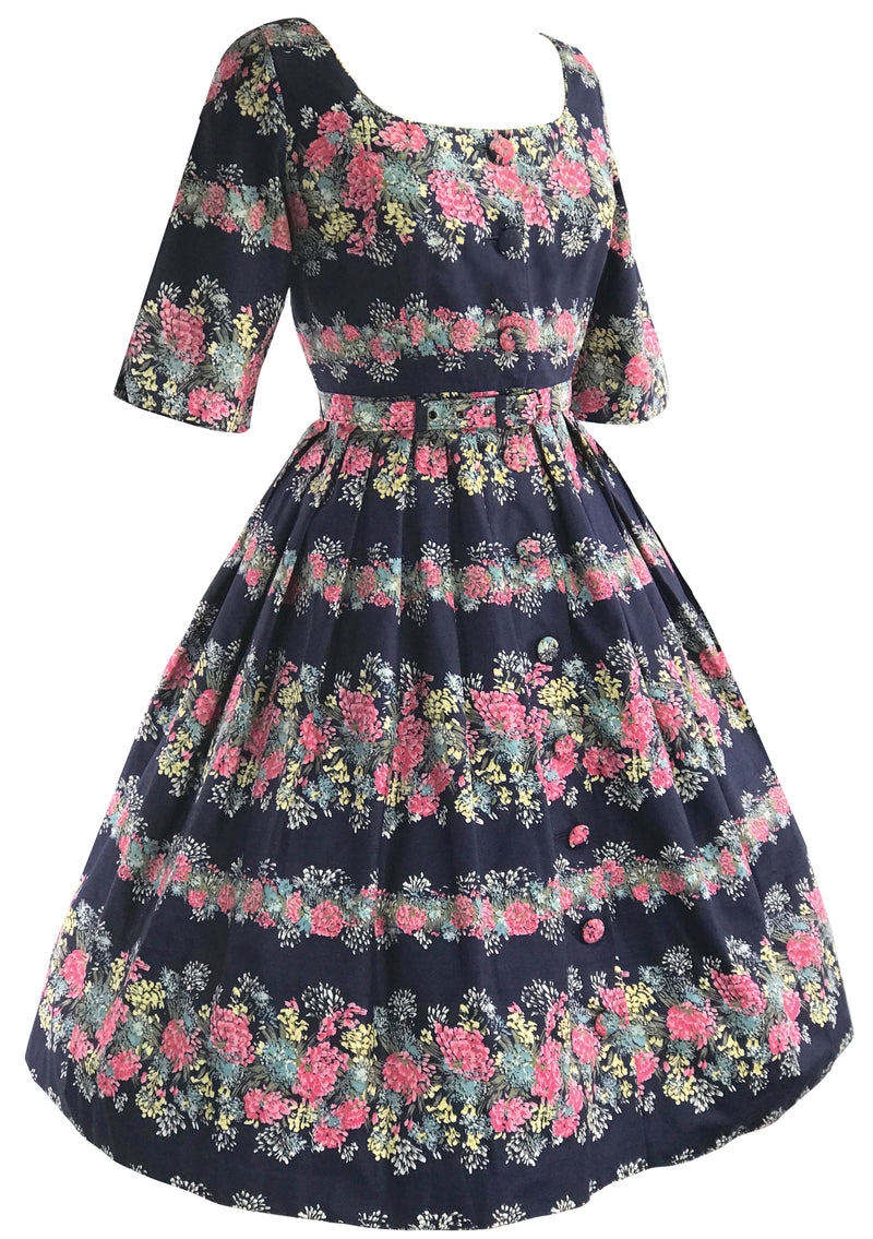 Vintage 1950s Floral Garland Navy Cotton Dress- New!