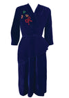 Early 1940s Blue Velvet Dress with Sequin Floral Spray - New!