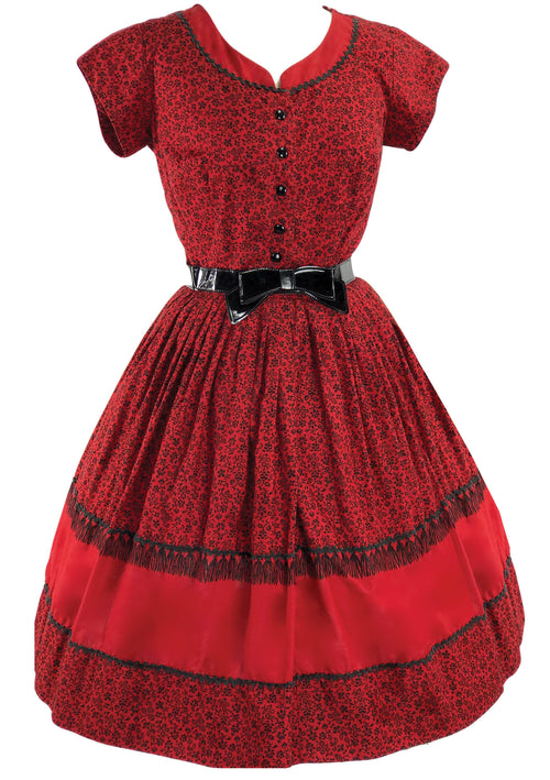 Original 1950s Red and Black Floral Cotton Day Dress - New!