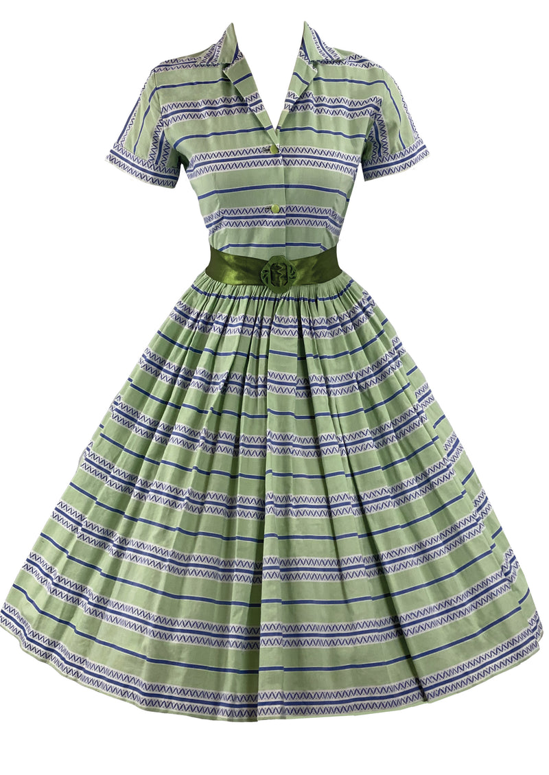 Late 1950s Blue and Green Striped Cotton Dress - NEW!