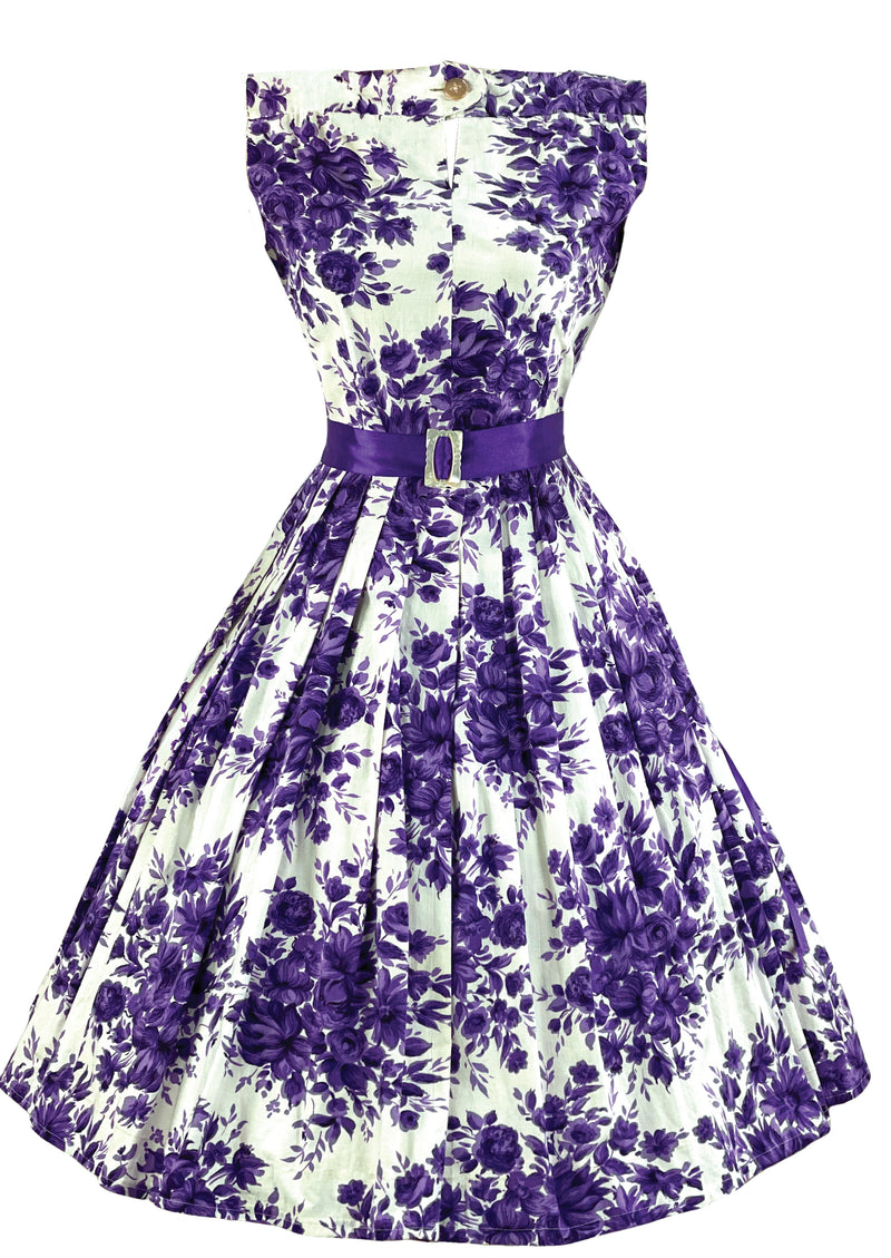Late 1950s to Early 1960s Purple Bouquet Cotton Dress- NEW!