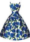 Striking 1950's Blue Roses Print Cotton Dress - New!